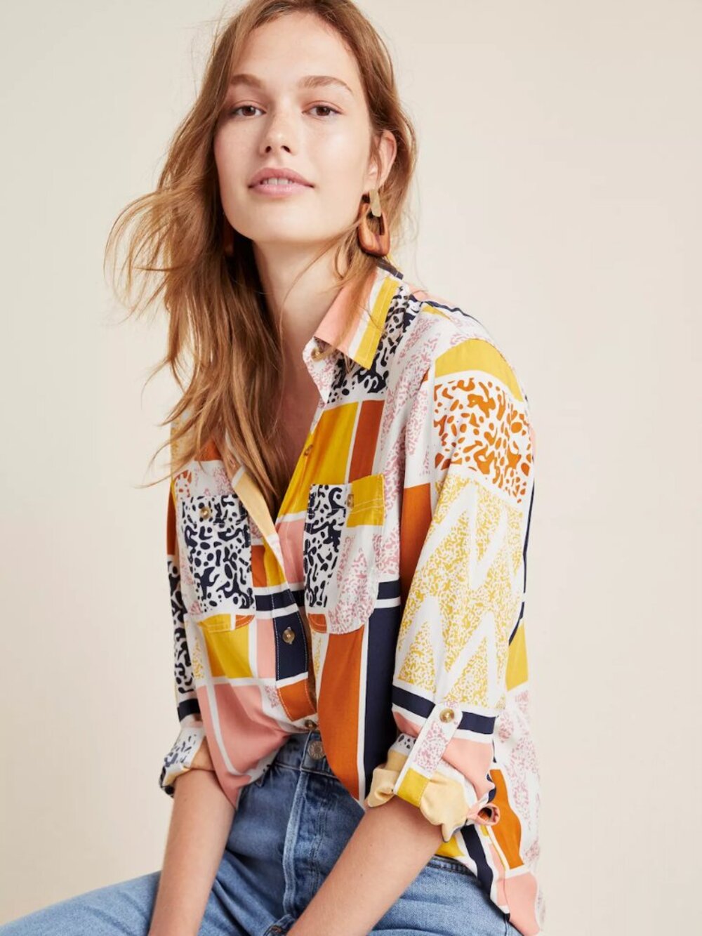 The Odells Anthropologie Diane Woven Buttondown Top Rounded Hem Women’s Medium